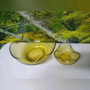 Vintage Anchor Hocking Pinched Glass Chip and Dip Bowl Set Gold / Amber color